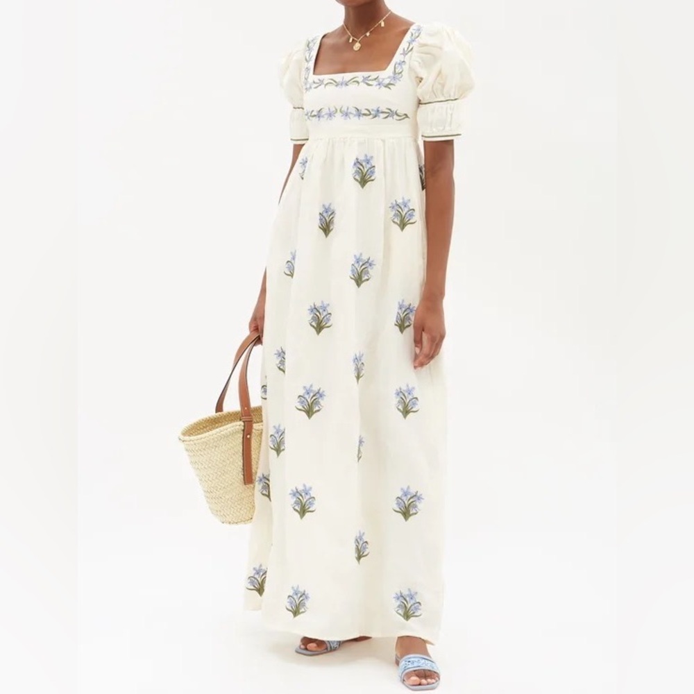 Agua by Agua Bendita Floral-embroidered Puff-sleeve Linen Maxi Dress